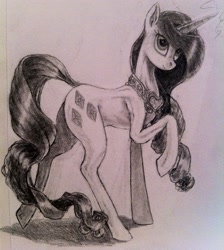 Size: 1838x2047 | Tagged: safe, artist:redjack-nine, rarity, pony, unicorn, alternate hairstyle, jewelry, monochrome, necklace, solo, traditional art