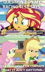 Size: 412x659 | Tagged: safe, applejack, fluttershy, sunset shimmer, fanfic:equestria motorsports, equestria girls, mirror magic, spoiler:eqg specials, caption, circuit de barcelona-catalunya, circuit de spa francorchamps, daytona international speedway, food, hockenheimring, journal, studying, studying for an automobile racing test