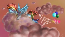 Size: 1920x1080 | Tagged: safe, artist:hilloty, derpibooru import, pinkie pie, rainbow dash, earth pony, pegasus, pony, balloon, cloud, exhausted, red eyes, sketch, teary eyes