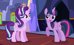 Size: 1300x800 | Tagged: safe, artist:estories, artist:stellardusk, starlight glimmer, twilight sparkle, twilight sparkle (alicorn), alicorn, pony, alicornified, crown, jewelry, race swap, regalia, starlicorn, twilight's castle, xk-class end-of-the-world scenario