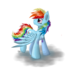 Size: 1200x1163 | Tagged: safe, artist:hilloty, derpibooru import, rainbow dash, pegasus, pony, 2013, backwards cutie mark, jewelry, looking back, messy mane, necklace, solo, spread wings, wings