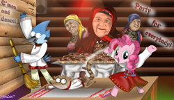 Size: 900x518 | Tagged: safe, artist:yinlin1994, pinkie pie, earth pony, pony, buranovskie babushki, crossover, eurovision song contest, mordecai, mordecai and rigby, party, party for everybody, regular show, rigby, russian