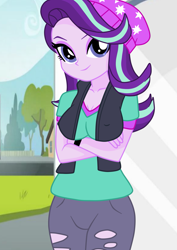 Size: 1131x1600 | Tagged: safe, alternate version, artist:philelmago, starlight glimmer, equestria girls, beanie, breasts, cleavage, clothes, crossed arms, day, erect nipples, eyeshadow, female, grass, hat, house, looking at you, makeup, nipple outline, nipples, ripped pants, road, sexy, shirt, show accurate, sidewalk, sky, smiling, solo, tree, vest