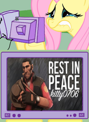 Size: 563x771 | Tagged: safe, fluttershy, pegasus, pony, exploitable meme, fluttercry, kitty0706, meme, obligatory pony, rest in peace, sad, sniper, team fortress 2, tv meme