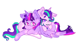 Size: 1024x602 | Tagged: safe, artist:tuna-moon-draws, starlight glimmer, twilight sparkle, twilight sparkle (alicorn), alicorn, pony, unicorn, duo, grin, heart eyes, simple background, smiling, white background, wingding eyes