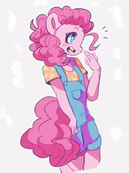 Size: 2520x3384 | Tagged: safe, artist:queen-fia, pinkie pie, anthro, cute, diapinkes, female, no pupils, open mouth, overalls, profile, solo