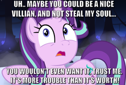 Size: 900x607 | Tagged: safe, starlight glimmer, pony, unicorn, caption, image macro, pleading, text