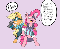 Size: 898x731 | Tagged: safe, artist:metal-kitty, applejack, pinkie pie, earth pony, pony, bipedal, clothes, crossover, demoman, demopie, engiejack, engineer, eyepatch, goggles, gunslinger (tf2), overalls, team fortress 2