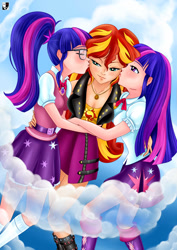 Size: 1000x1414 | Tagged: safe, artist:lord--opal, sci-twi, sunset shimmer, twilight sparkle, human, equestria girls, equestria girls series, arms, arms around back, blouse, blushing, boots, bow, bowtie, clothes, embrace, eyes closed, female, fingers, flouting, glasses, hand, happy, homosexuality, hug, humanized, jewelry, kiss on the cheek, kiss sandwich, kissing, leather vest, legs, lesbian, lidded eyes, lipstick, long hair, makeup, necklace, polyamory, ponytail, puffy sleeves, scitwishimmer, self paradox, shipping, shoes, shoulderless, skirt, sky, smiling, smirk, socks, sunset twiangle, sunsetsparkle, teenager, top, twolight
