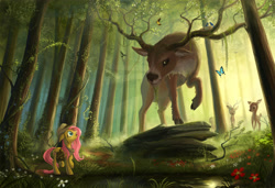 Size: 4128x2824 | Tagged: safe, artist:devinian, fluttershy, bird, butterfly, deer, pegasus, pony, animal, beautiful, branches for antlers, clothes, explorer outfit, fawn, female, floppy ears, forest, hat, irish elk, looking up, mare, open mouth, raised hoof, scenery, scenery porn, shirt, shocked, size difference, stag, wide eyes