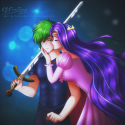 Size: 800x800 | Tagged: safe, artist:kgfantasy, spike, starlight glimmer, human, abs, anime, anime style, blushing, commission, crown, female, humanized, jewelry, male, princess, regalia, shipping, sparlight, straight, sword, weapon