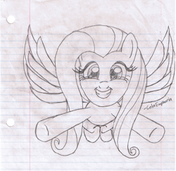 Size: 1464x1421 | Tagged: safe, artist:colaeuphoria, fluttershy, pegasus, pony, lined paper, monochrome, solo, traditional art