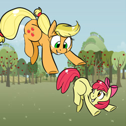 Size: 800x800 | Tagged: safe, artist:tokipeach, apple bloom, applejack, earth pony, pony, apple, jumping, playing, sweet apple acres, tree