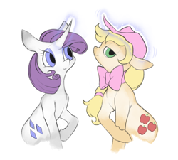 Size: 772x694 | Tagged: safe, artist:moo, applejack, rarity, earth pony, pony, unicorn, bow, female, horn, mare