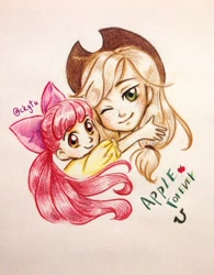 Size: 1000x1280 | Tagged: safe, artist:chakanyuantu, apple bloom, applejack, human, humanized, sisters, traditional art, wink