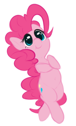 Size: 414x683 | Tagged: dead source, safe, artist:mostazathy, pinkie pie, earth pony, pony, :t, belly, belly button, cute, diapinkes, looking at you, on back, smiling, solo, weapons-grade cute