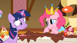 Size: 1366x768 | Tagged: safe, derpibooru import, screencap, pinkie pie, twilight sparkle, earth pony, pony, swarm of the century, cake, crown, sugarcube corner