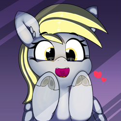 Size: 1529x1529 | Tagged: safe, artist:pabbley, derpy hooves, pegasus, pony, against glass, cute, derpabetes, ear fluff, female, frog (hoof), glass, heart, hoofbutt, looking at you, mare, night, open mouth, solo, underhoof, window, wingding eyes