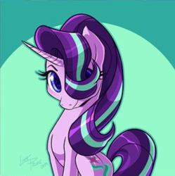 Size: 357x359 | Tagged: safe, artist:linaprime, starlight glimmer, pony, unicorn, cropped, cute, female, glimmerbetes, hair over one eye, lowres, mare, sitting, smiling, solo