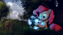 Size: 1600x900 | Tagged: safe, artist:croco322, pinkie pie, earth pony, pony, 3d, :o, glow, grass, half-life, half-life 2, hoof hold, rollermine, sitting, solo, source filmmaker, tree