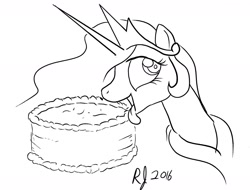 Size: 1280x971 | Tagged: safe, artist:arrjaysketch, princess celestia, alicorn, pony, cake, cakelestia, food, licking, monochrome, solo, tongue out