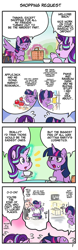 Size: 712x2292 | Tagged: safe, artist:wakyaot34, starlight glimmer, twilight sparkle, twilight sparkle (alicorn), alicorn, pony, unicorn, 4koma, apple, blushing, comic, cup, dialogue, food, japanese, magic, right to left, sweat, sweatdrop, teacup, translation