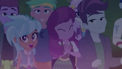 Size: 1280x720 | Tagged: safe, derpibooru import, screencap, cheerilee, curly winds, duke suave, fleur-de-lis, frosty orange, lemon zack, some blue guy, track starr, better together, choose your own ending, equestria girls, the last drop, the last drop: big macintosh, clapping, eyes closed, female, male, needs more jpeg