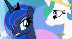 Size: 1561x857 | Tagged: safe, screencap, princess celestia, princess luna, alicorn, pony, the crystalling, discovery family logo