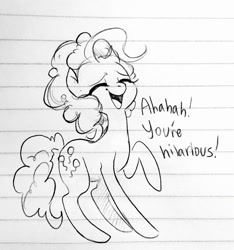 Size: 1200x1280 | Tagged: safe, artist:glacierclear, pinkie pie, earth pony, pony, eyes closed, laughing, lined paper, monochrome, open mouth, raised hoof, sketch, solo, traditional art