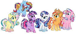 Size: 2944x1336 | Tagged: safe, artist:monkfishyadopts, derpibooru import, applejack, fluttershy, pinkie pie, rainbow dash, rarity, twilight sparkle, earth pony, pegasus, pony, unicorn, base used, gradient hooves, gradient mane, mane six, rainbow ponies, stars, universe pony