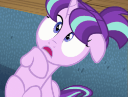 Size: 641x486 | Tagged: safe, screencap, starlight glimmer, pony, unicorn, the cutie re-mark, animated, cropped, female, filly, filly starlight glimmer, floppy ears, gif, implied sunburst, magic, magic aura, offscreen character, pigtails, ribbon, scared, solo, younger