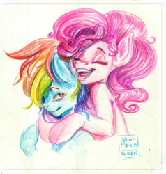 Size: 600x631 | Tagged: safe, artist:arainmorn, derpibooru import, pinkie pie, rainbow dash, earth pony, pegasus, pony, colored pencil drawing, cute, female, hug, lesbian, pinkiedash, shipping, traditional art