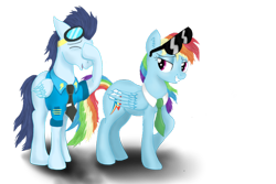 Size: 1024x682 | Tagged: safe, artist:startoucher, derpibooru import, rainbow dash, soarin', pegasus, pony, clothes, facehoof, necktie, rainbow dash always dresses in style, sunglasses, wonderbolts dress uniform