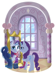 Size: 888x1188 | Tagged: safe, artist:kittehkatbar, rarity, pony, unicorn, boots, carousel boutique, clothes, magic, mirror, reflection, scarf, simple background, snow, snowfall, transparent background, winter