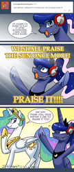 Size: 650x1506 | Tagged: safe, artist:johnjoseco, princess celestia, princess luna, alicorn, pony, ask gaming princess luna, comic, dark souls, dialogue, female, gamer luna, headset, jewelry, looking at you, mare, open mouth, plot, praise the sun, raised hoof, regalia, smiling, speech bubble, sunbutt, tumblr