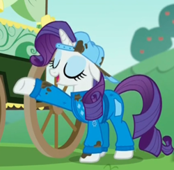 Size: 606x595 | Tagged: safe, screencap, rarity, pony, unicorn, the cart before the ponies, clothes, cropped, hat, jumpsuit, mechanic coveralls, solo