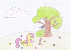 Size: 1024x718 | Tagged: safe, artist:fred7162, fluttershy, oc, oc:geoff, pegasus, pony, flower, meadow, resting, traditional art