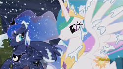 Size: 1920x1080 | Tagged: safe, screencap, princess celestia, princess luna, alicorn, pony, the crystalling, confident, discovery family logo, female, mare, smiling, snow, snowfall, worried