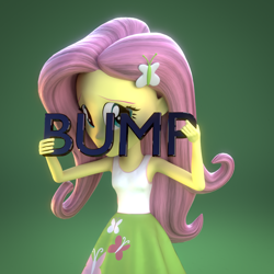 Size: 1000x1000 | Tagged: safe, artist:3d thread, artist:creatorofpony, fluttershy, equestria girls, /mlp/, 3d, 3d model, armpits, blender, bump, clothes, hiding, holding, nervous, skirt, solo, tanktop