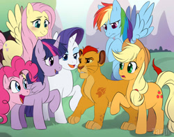 Size: 1280x1001 | Tagged: safe, artist:tartii, derpibooru import, applejack, fluttershy, pinkie pie, rainbow dash, rarity, twilight sparkle, twilight sparkle (alicorn), alicorn, earth pony, pegasus, pony, unicorn, crossover, disney, female, kion, mane six, mare, the lion guard, the lion king