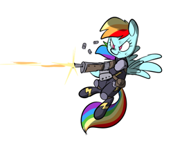 Size: 624x541 | Tagged: safe, artist:metal-kitty, derpibooru import, rainbow dash, pegasus, pony, assault rifle, clothes, costume, crossover, fallout, gun, machine gun, shadowbolt dash, shadowbolts, shadowbolts costume, simple background, solo, weapon, white background, wonderbolts uniform