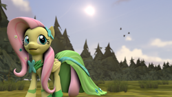 Size: 1920x1080 | Tagged: safe, artist:fd-daylight, fluttershy, bird, pegasus, pony, 3d, clothes, dress, gala dress, solo, source filmmaker, sun, tree