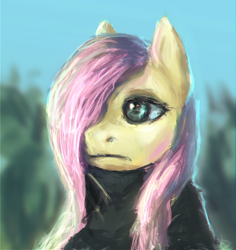 Size: 940x996 | Tagged: safe, artist:elkaart, fluttershy, pegasus, pony, bust, clothes, hair over one eye, portrait, solo, sweater, sweatershy