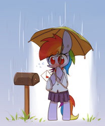 Size: 1500x1800 | Tagged: safe, artist:joycall6, derpibooru import, rainbow dash, pegasus, pony, semi-anthro, bipedal, blushing, clothes, female, letter, love letter, mailbox, mare, necktie, rain, skirt, solo, umbrella, wingless