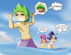 Size: 3189x2480 | Tagged: safe, artist:ryured, fluttershy, rarity, spike, human, bikini, clothes, cute, cutie mark swimsuit, human spike, humanized, ocean, purple swimsuit, spanish, stupid sexy spike, swimsuit, translated in the comments, white swimsuit, yellow swimsuit