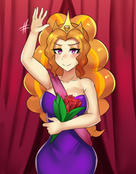Size: 800x1026 | Tagged: safe, artist:tzc, part of a set, adagio dazzle, equestria girls, adagiazonga dazzle, anime, armpits, bouquet, breasts, clothes, commission, dress, female, flower, hips, jewelry, purple dress, rose, solo, strapless, tiara, waving, wide hips
