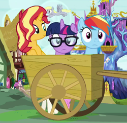 Size: 912x887 | Tagged: safe, screencap, derpy hooves, rainbow dash, sci-twi, sunset shimmer, twilight sparkle, pegasus, pony, unicorn, better together, equestria girls, spring breakdown, cropped, equestria girls ponified, female, glasses, mare, ponified, ponyville, smiling, twilight's castle, unicorn sci-twi