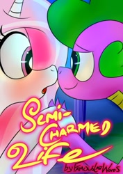 Size: 413x582 | Tagged: safe, derpibooru import, fleur-de-lis, spike, dragon, pony, unicorn, fanfic:semi-charmed life, blushing, boop, cute, fanfic art, female, fleur-de-spike, holding hands, looking at each other, mare, open mouth, romantic
