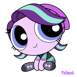 Size: 2100x2100 | Tagged: safe, artist:fathzoli, starlight glimmer, equestria girls, cute, digital art, female, glimmerbetes, powerpuff girls 2016, powerpuffified, simple background, sitting, solo, the powerpuff girls, wide eyes