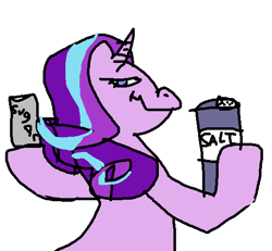 Size: 519x479 | Tagged: safe, anonymous artist, starlight glimmer, pony, unicorn, /mlp/, description is relevant, evil, evil grin, female, food, grin, hoof hold, looking back, mare, pure unfiltered evil, salt, simple background, smiling, solo, sugar (food), white background